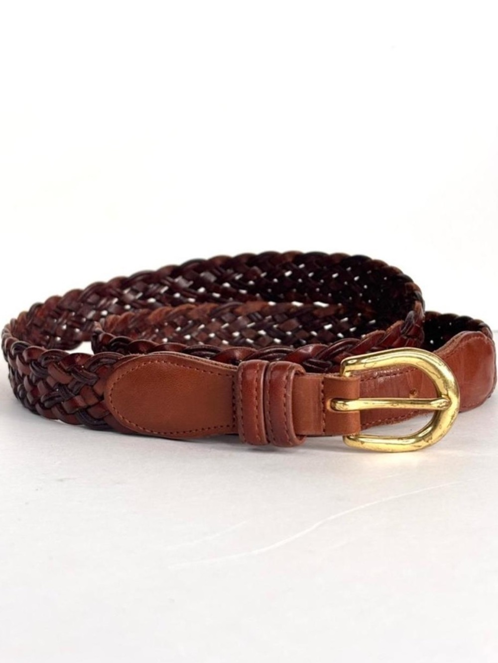 Coach Braided Brown Leather Belt with Brass-Tone Buckle